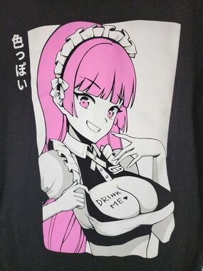Anime Waifu Milkers - Maid Graphic Short Sleeve Tee - Black with Pink Accents